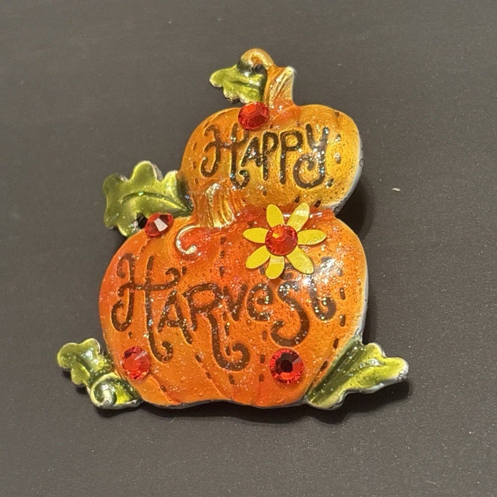 AJMC Signed "Happy Harvest" Enameled Thanksgiving Pumpkin Pin Cottagecore Autumn